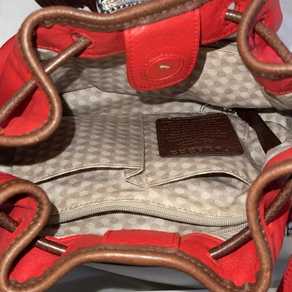 Brighton Orange Red Leather Drawstring Bucket Bag Purse with Fringe - Picture 11 of 13